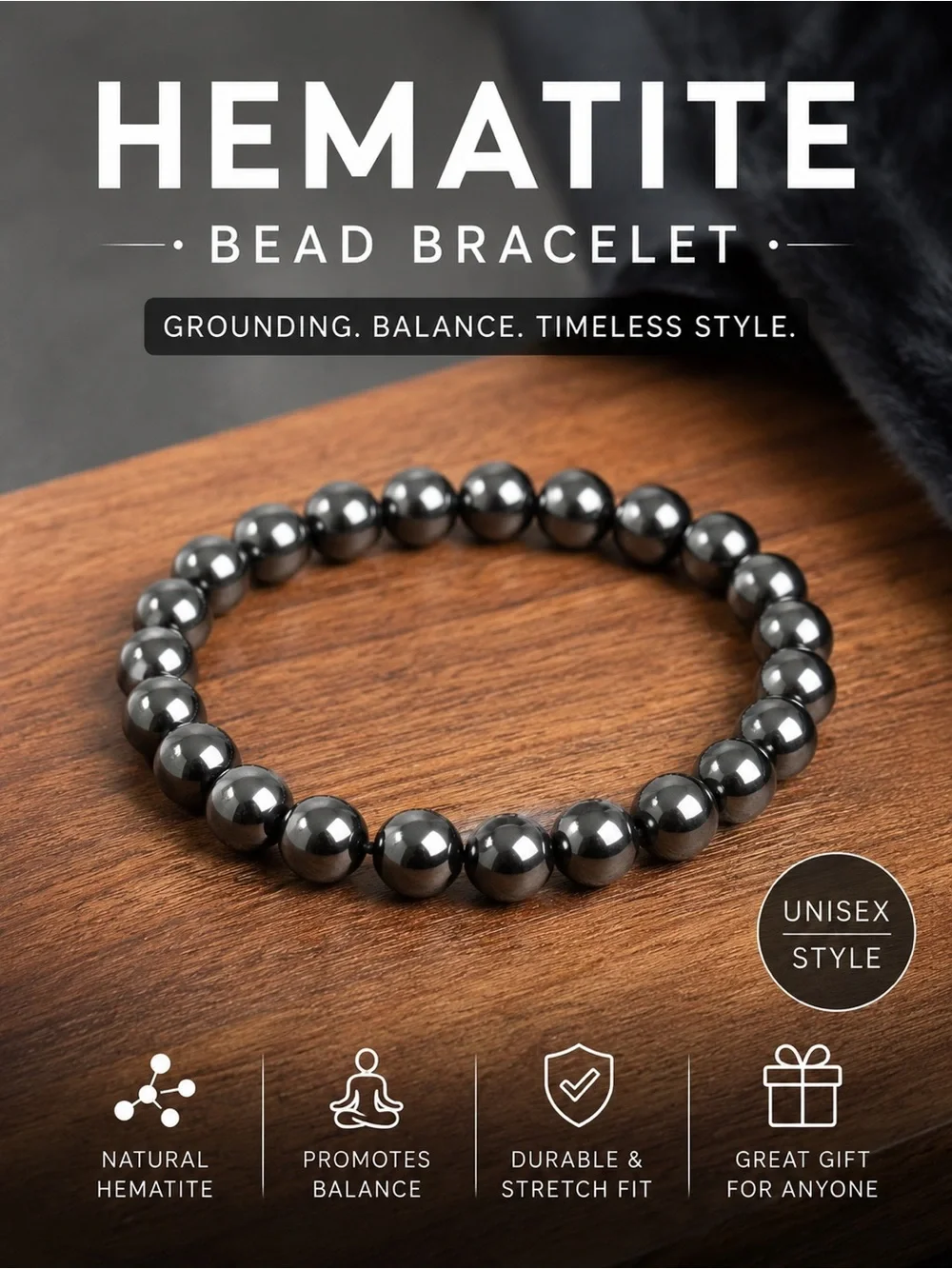 Men’s Hematite Bead Bracelet | Stretch Fit | Minimalist Style | Gift Ready